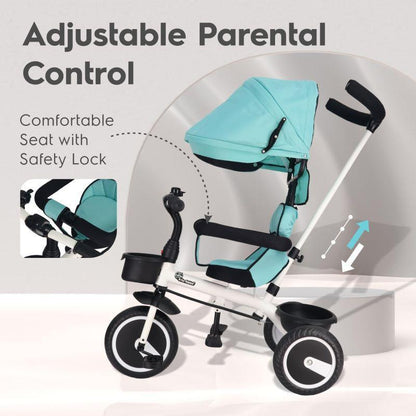 Tiny Toes T30 Ace Tricycle - 3 in 1, Adjustable Parental Control & Canopy, Front & Rear Basket - Lake Blue