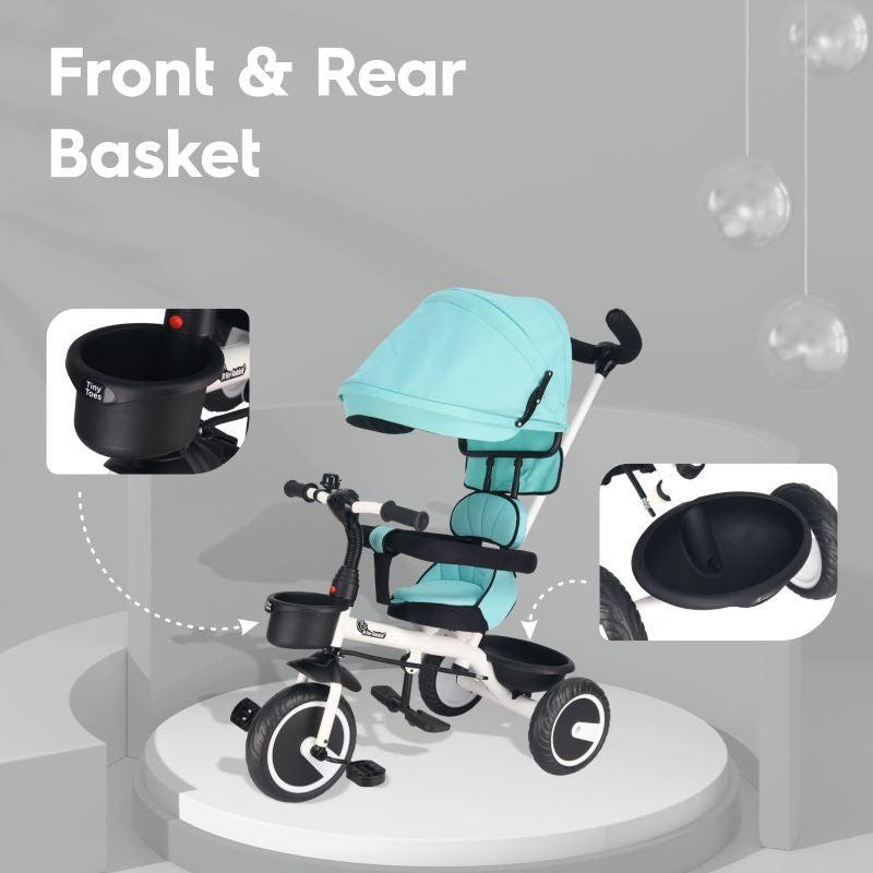 Tiny Toes T30 Ace Tricycle - 3 in 1, Adjustable Parental Control & Canopy, Front & Rear Basket - Lake Blue