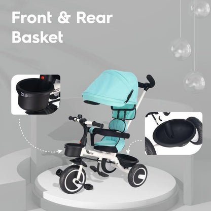 Tiny Toes T30 Ace Tricycle - 3 in 1, Adjustable Parental Control & Canopy, Front & Rear Basket - Lake Blue