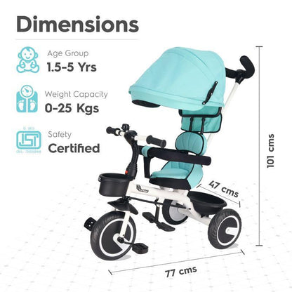 Tiny Toes T30 Ace Tricycle - 3 in 1, Adjustable Parental Control & Canopy, Front & Rear Basket - Lake Blue
