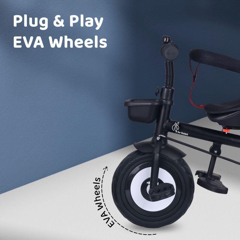 Tiny Toes T40 Ace Tricycle - EVA Wheels, 360 Rotatable Seat, Adjustable Canopy, Parental Control, Front & Rear Baskets - Maroon Black