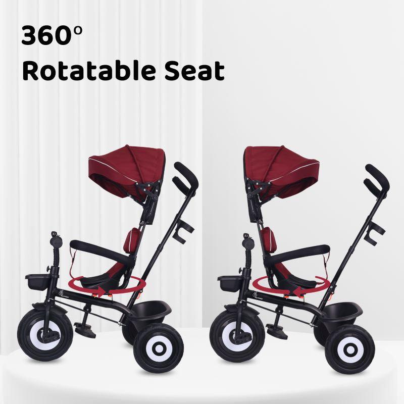 Tiny Toes T40 Ace Tricycle - EVA Wheels, 360 Rotatable Seat, Adjustable Canopy, Parental Control, Front & Rear Baskets - Maroon Black