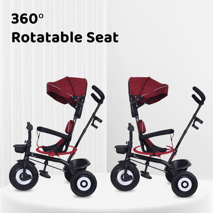 Tiny Toes T40 Ace Tricycle - EVA Wheels, 360 Rotatable Seat, Adjustable Canopy, Parental Control, Front & Rear Baskets - Maroon Black
