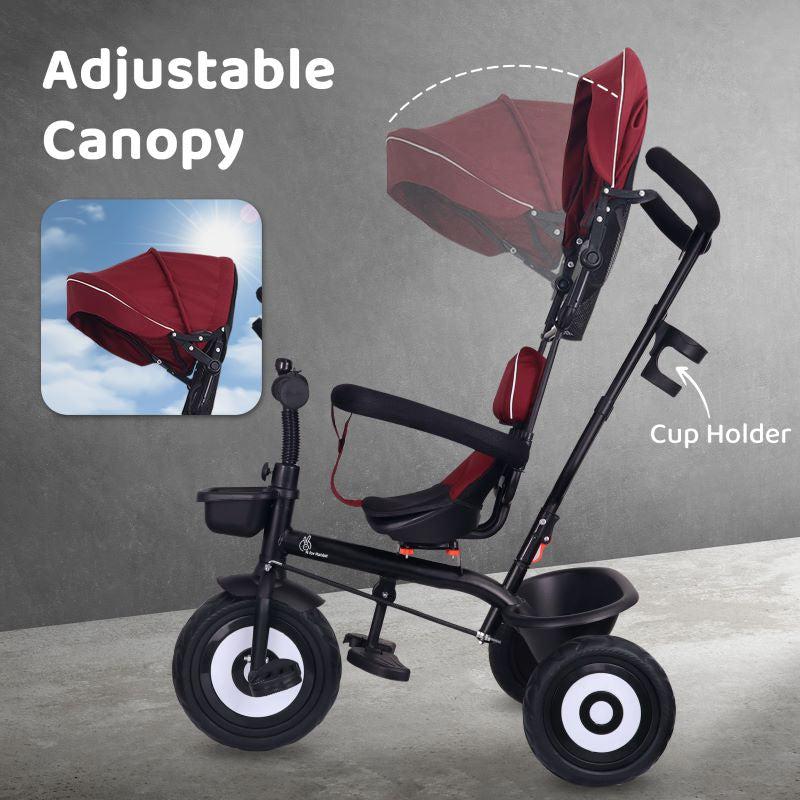 Tiny Toes T40 Ace Tricycle - EVA Wheels, 360 Rotatable Seat, Adjustable Canopy, Parental Control, Front & Rear Baskets - Maroon Black
