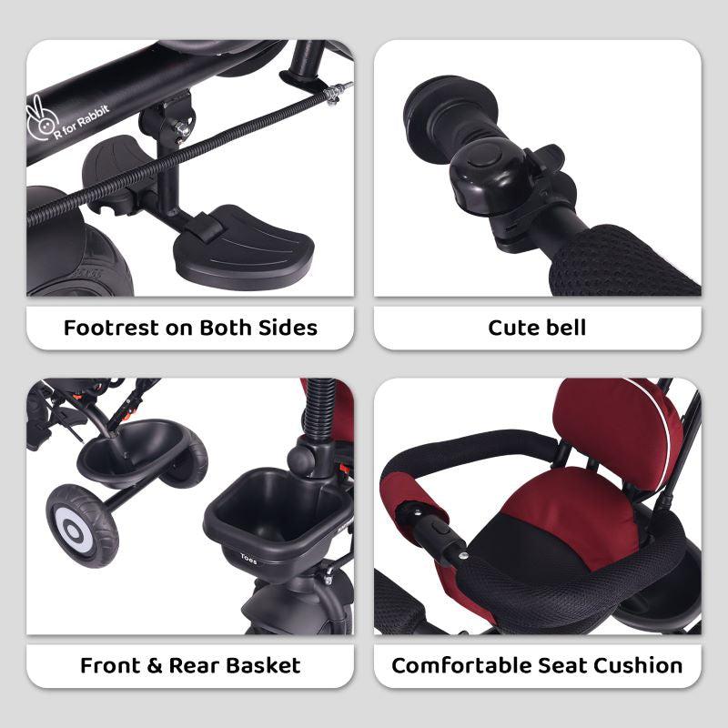 Tiny Toes T40 Ace Tricycle - EVA Wheels, 360 Rotatable Seat, Adjustable Canopy, Parental Control, Front & Rear Baskets - Maroon Black
