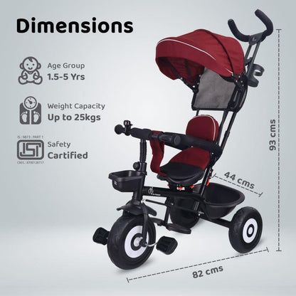 Tiny Toes T40 Ace Tricycle - EVA Wheels, 360 Rotatable Seat, Adjustable Canopy, Parental Control, Front & Rear Baskets - Maroon Black