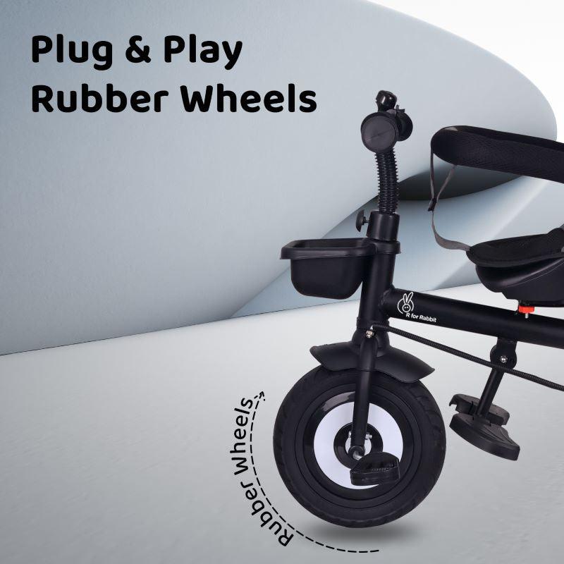 Tiny Toes T40 Plus Tricycle - Rubber Wheels, 360 Rotatable Seat, Adjustable Canopy, Parental Control, Front & Rear Baskets, 1.5-5 years - Grey Black