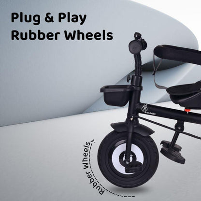 Tiny Toes T40 Plus Tricycle - Rubber Wheels, 360 Rotatable Seat, Adjustable Canopy, Parental Control, Front & Rear Baskets, 1.5-5 years - Grey Black