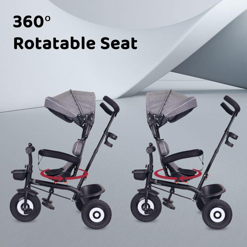 Tiny Toes T40 Plus Tricycle - Rubber Wheels, 360 Rotatable Seat, Adjustable Canopy, Parental Control, Front & Rear Baskets, 1.5-5 years - Grey Black