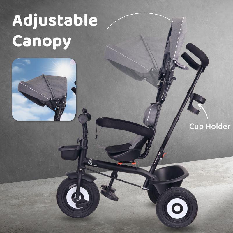 Tiny Toes T40 Plus Tricycle - Rubber Wheels, 360 Rotatable Seat, Adjustable Canopy, Parental Control, Front & Rear Baskets, 1.5-5 years - Grey Black