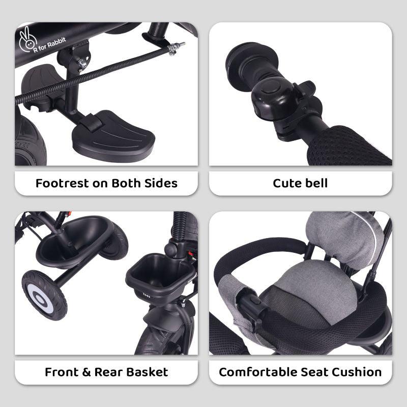 Tiny Toes T40 Plus Tricycle - Rubber Wheels, 360 Rotatable Seat, Adjustable Canopy, Parental Control, Front & Rear Baskets, 1.5-5 years - Grey Black