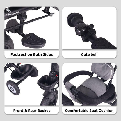 Tiny Toes T40 Plus Tricycle - Rubber Wheels, 360 Rotatable Seat, Adjustable Canopy, Parental Control, Front & Rear Baskets, 1.5-5 years - Grey Black