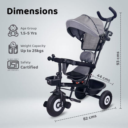 Tiny Toes T40 Plus Tricycle - Rubber Wheels, 360 Rotatable Seat, Adjustable Canopy, Parental Control, Front & Rear Baskets, 1.5-5 years - Grey Black