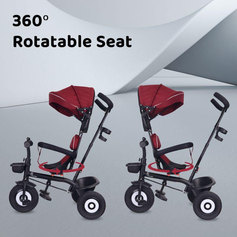 Tiny Toes T40 Plus Tricycle - Rubber Wheels, 360 Rotatable Seat, Adjustable Canopy, Parental Control, Front & Rear Baskets, 1.5-5 years - Maroon Black