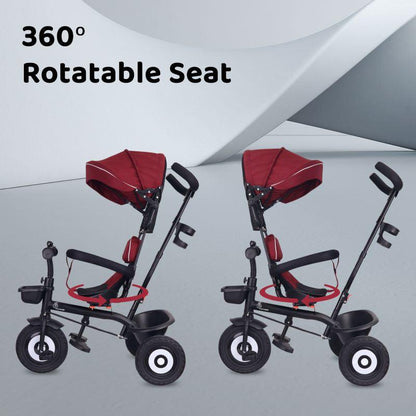 Tiny Toes T40 Plus Tricycle - Rubber Wheels, 360 Rotatable Seat, Adjustable Canopy, Parental Control, Front & Rear Baskets, 1.5-5 years - Maroon Black