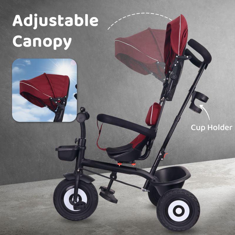 Tiny Toes T40 Plus Tricycle - Rubber Wheels, 360 Rotatable Seat, Adjustable Canopy, Parental Control, Front & Rear Baskets, 1.5-5 years - Maroon Black