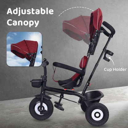 Tiny Toes T40 Plus Tricycle - Rubber Wheels, 360 Rotatable Seat, Adjustable Canopy, Parental Control, Front & Rear Baskets, 1.5-5 years - Maroon Black