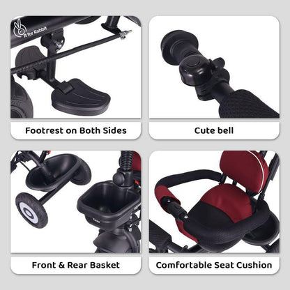 Tiny Toes T40 Plus Tricycle - Rubber Wheels, 360 Rotatable Seat, Adjustable Canopy, Parental Control, Front & Rear Baskets, 1.5-5 years - Maroon Black