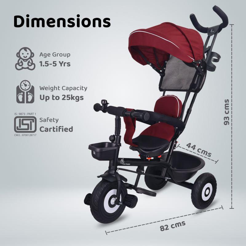 Tiny Toes T40 Plus Tricycle - Rubber Wheels, 360 Rotatable Seat, Adjustable Canopy, Parental Control, Front & Rear Baskets, 1.5-5 years - Maroon Black