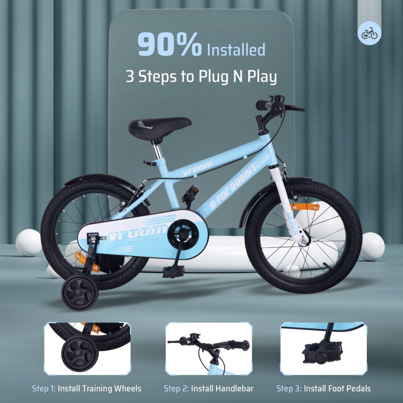 Vroom Bicycle For Kids 16 Inch With 90% Plug And Play For Ease Of Installation, Wide Training Wheels, Adjustable Seat, 4-7yrs, Upto 40kgs - Lake Blue