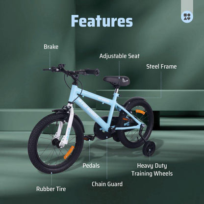 Vroom Bicycle For Kids 16 Inch With 90% Plug And Play For Ease Of Installation, Wide Training Wheels, Adjustable Seat, 4-7yrs, Upto 40kgs - Lake Blue