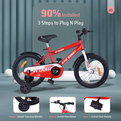 Vroom Bicycle For Kids 16 Inch With 90% Plug And Play For Ease Of Installation, Wide Training Wheels, Adjustable Seat, 4-7yrs, Upto 40kgs - Red