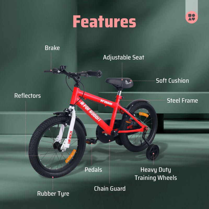 Vroom Bicycle For Kids 16 Inch With 90% Plug And Play For Ease Of Installation, Wide Training Wheels, Adjustable Seat, 4-7yrs, Upto 40kgs - Red