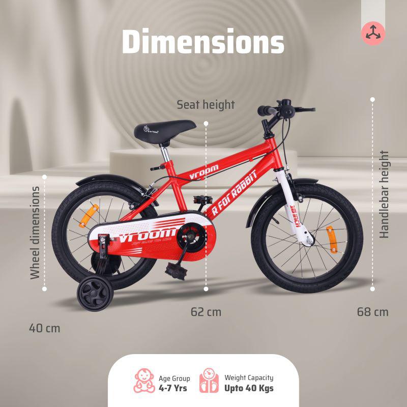 Vroom Bicycle For Kids 16 Inch With 90% Plug And Play For Ease Of Installation, Wide Training Wheels, Adjustable Seat, 4-7yrs, Upto 40kgs - Red