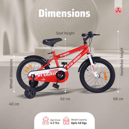 Vroom Bicycle For Kids 16 Inch With 90% Plug And Play For Ease Of Installation, Wide Training Wheels, Adjustable Seat, 4-7yrs, Upto 40kgs - Red