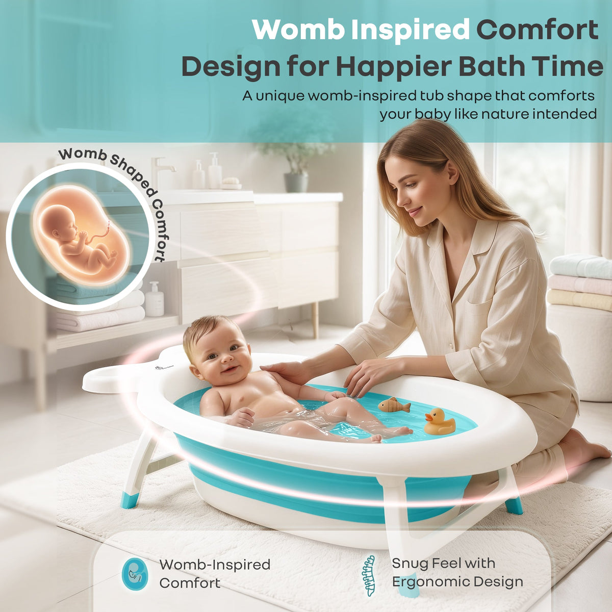 Bubble Double Finzy Baby Bathtub 9-36 Months, Foldable Cocoon Design, Anti-Skid Base & Drain Plug - White Blue