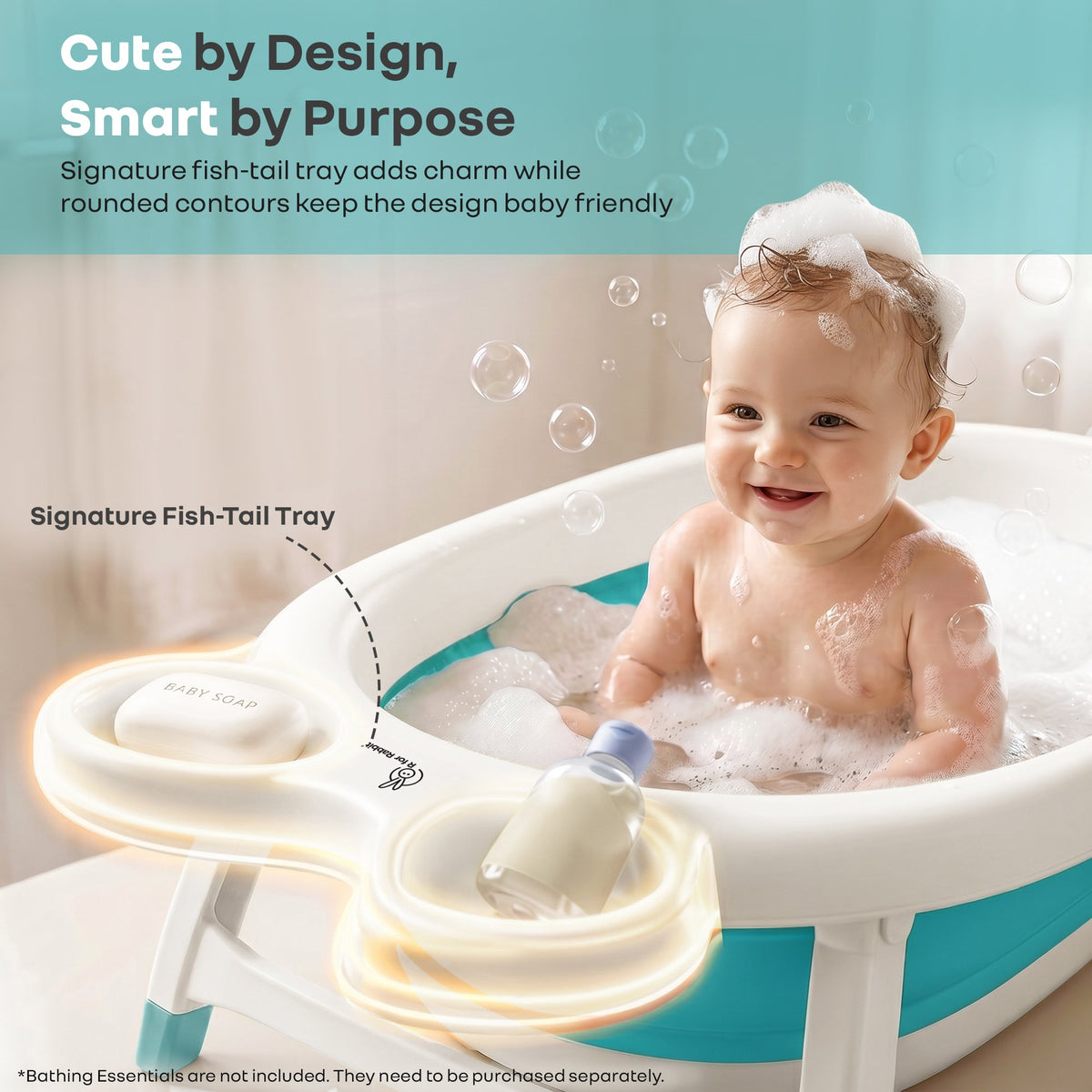 Bubble Double Finzy Baby Bathtub 9-36 Months, Foldable Cocoon Design, Anti-Skid Base & Drain Plug - White Blue