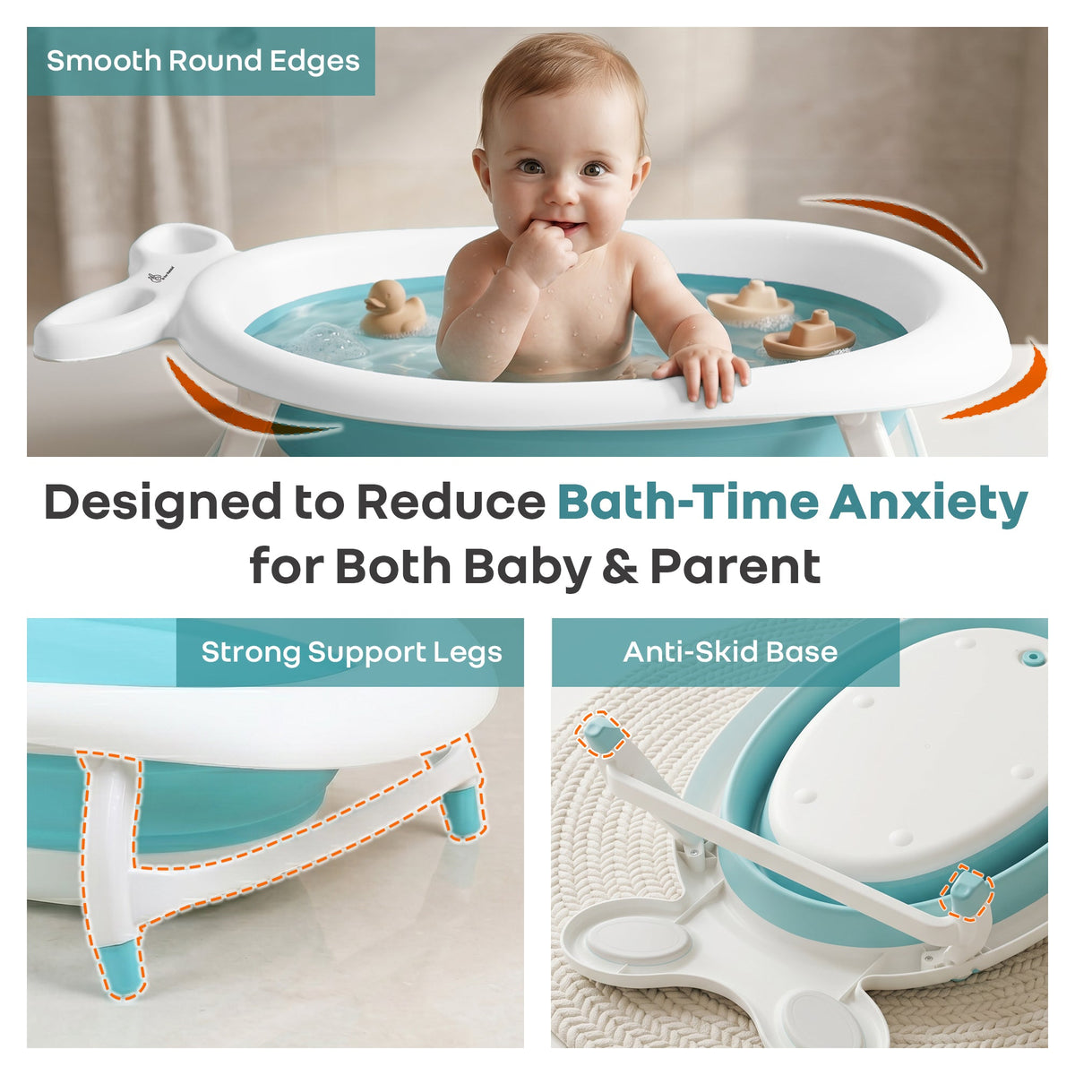 Bubble Double Finzy Baby Bathtub 9-36 Months, Foldable Cocoon Design, Anti-Skid Base & Drain Plug - White Blue