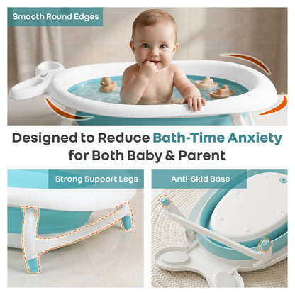Bubble Double Finzy Baby Bathtub 9-36 Months, Foldable Cocoon Design, Anti-Skid Base & Drain Plug - White Blue