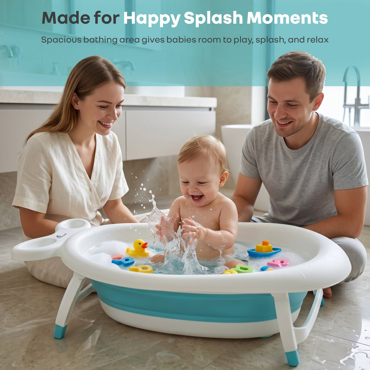 Bubble Double Finzy Baby Bathtub 9-36 Months, Foldable Cocoon Design, Anti-Skid Base & Drain Plug - White Blue