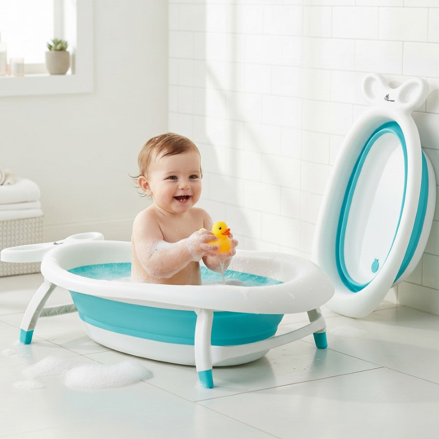 Bubble Double Finzy Baby Bathtub 9-36 Months, Foldable Cocoon Design, Anti-Skid Base & Drain Plug - White Blue