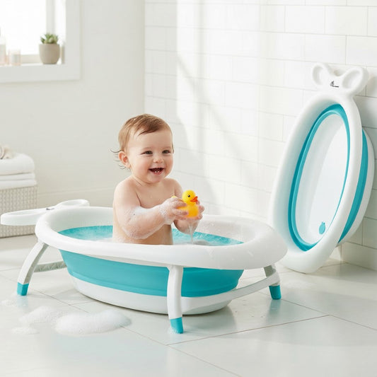 Bubble Double Finzy Baby Bathtub 9-36 Months, Foldable Cocoon Design, Anti-Skid Base & Drain Plug - White Blue