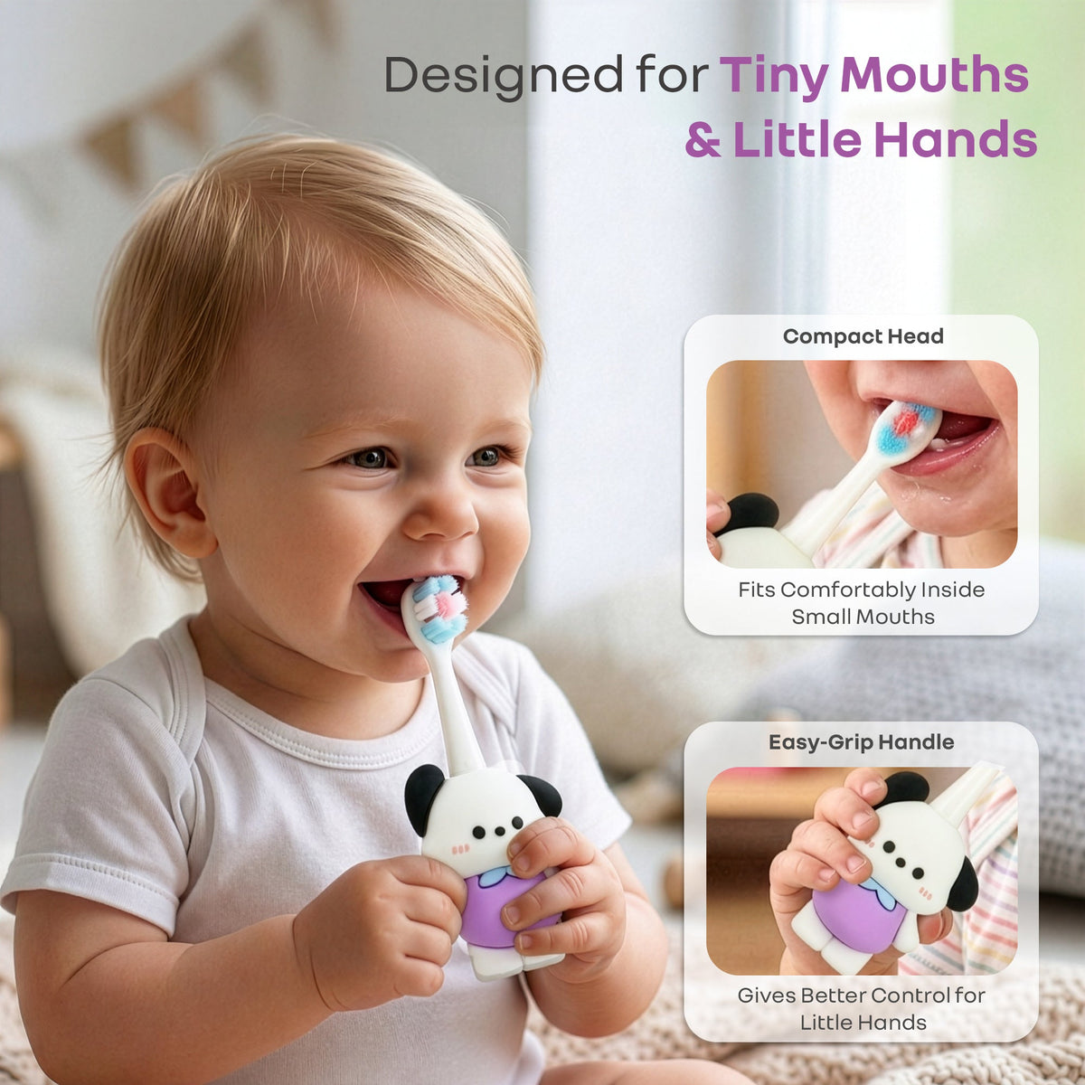 Tiny Smiles Zoobie Kids Toothbrush for 2+ Years, Ultra-Soft PBT Bristles, Self-Standing Animal Design Brush - White Doggy