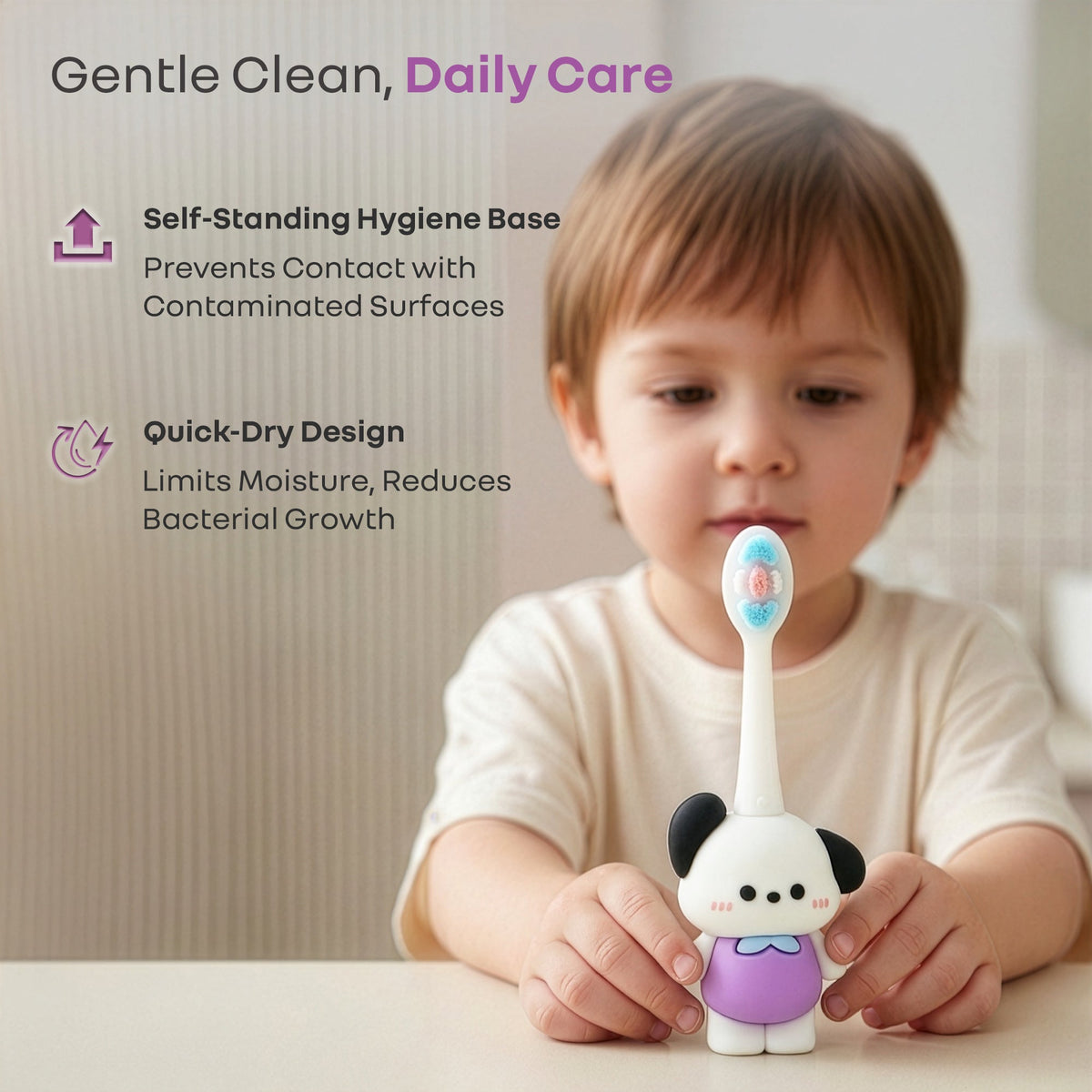 Tiny Smiles Zoobie Kids Toothbrush for 2+ Years, Ultra-Soft PBT Bristles, Self-Standing Animal Design Brush - White Doggy