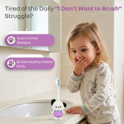Tiny Smiles Zoobie Kids Toothbrush for 2+ Years, Ultra-Soft PBT Bristles, Self-Standing Animal Design Brush - White Doggy