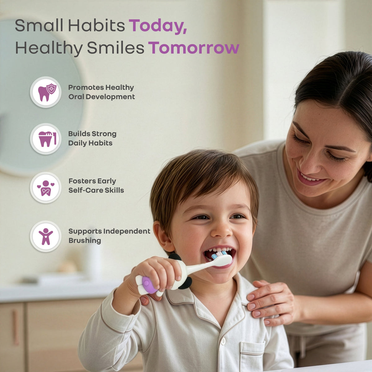 Tiny Smiles Zoobie Kids Toothbrush for 2+ Years, Ultra-Soft PBT Bristles, Self-Standing Animal Design Brush - White Doggy