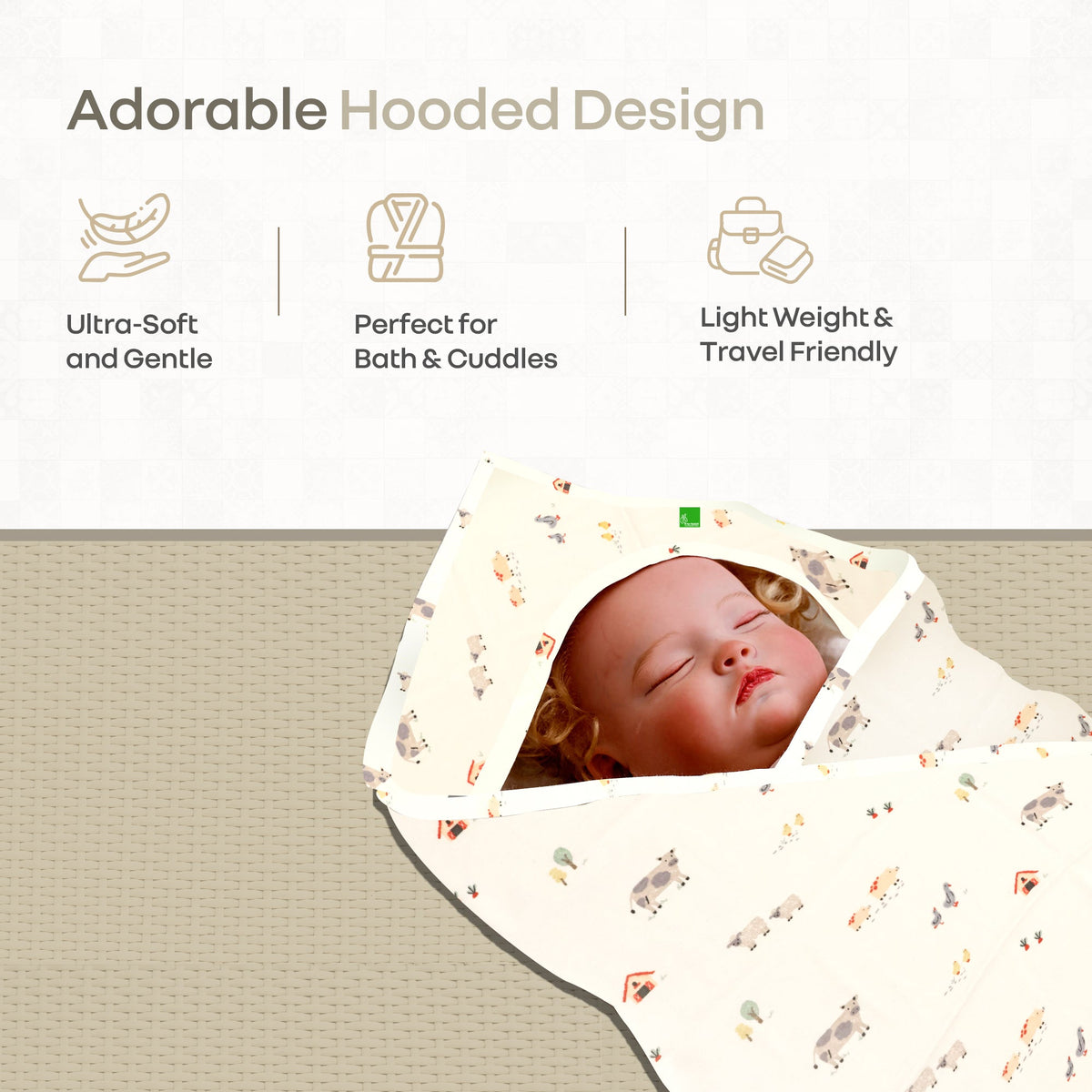Softkins Baby Hooded Knit Towel with 100% Natural Cotton, Soft & Quick Dry - White Farmland