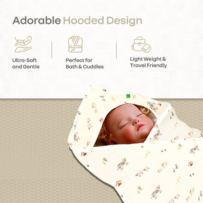 Softkins Baby Hooded Knit Towel with 100% Natural Cotton, Soft & Quick Dry - White Farmland