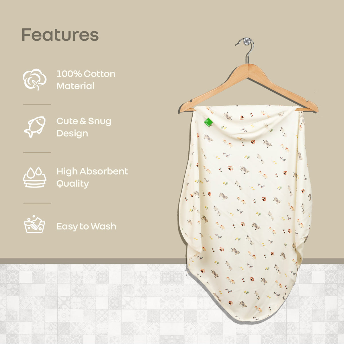 Softkins Baby Hooded Knit Towel with 100% Natural Cotton, Soft & Quick Dry - White Farmland