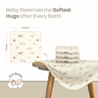 Softkins Baby Hooded Knit Towel with 100% Natural Cotton, Soft & Quick Dry - White Farmland