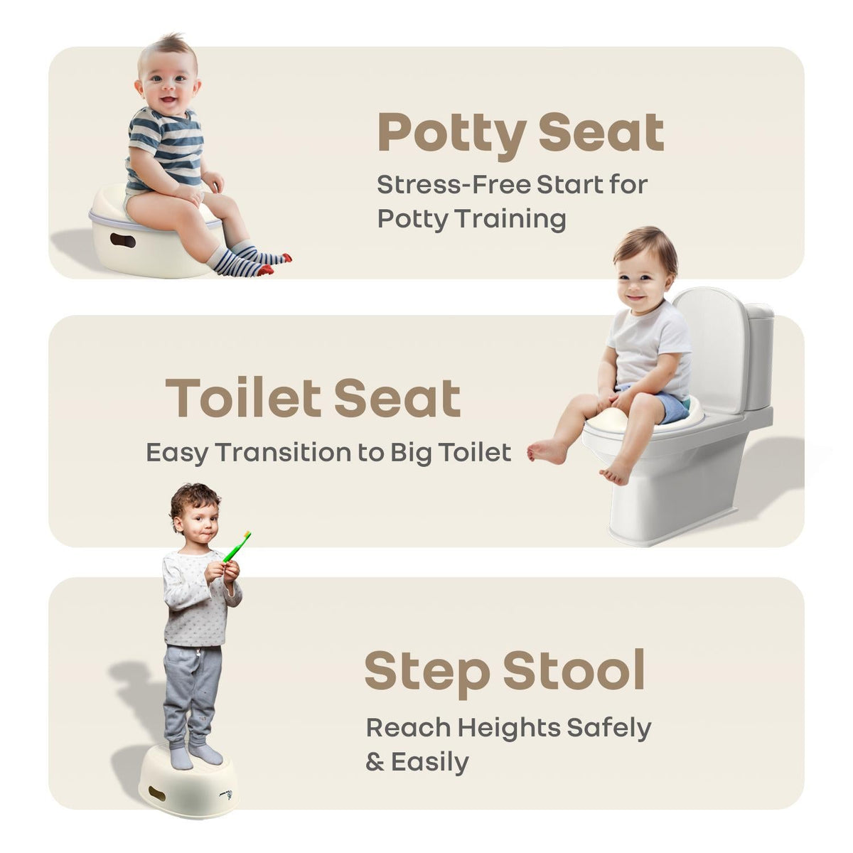 Tiny Tots Mellow 3-In-1 Convertible Potty Training Seat Safe & Ergonomic Chair - White Grey