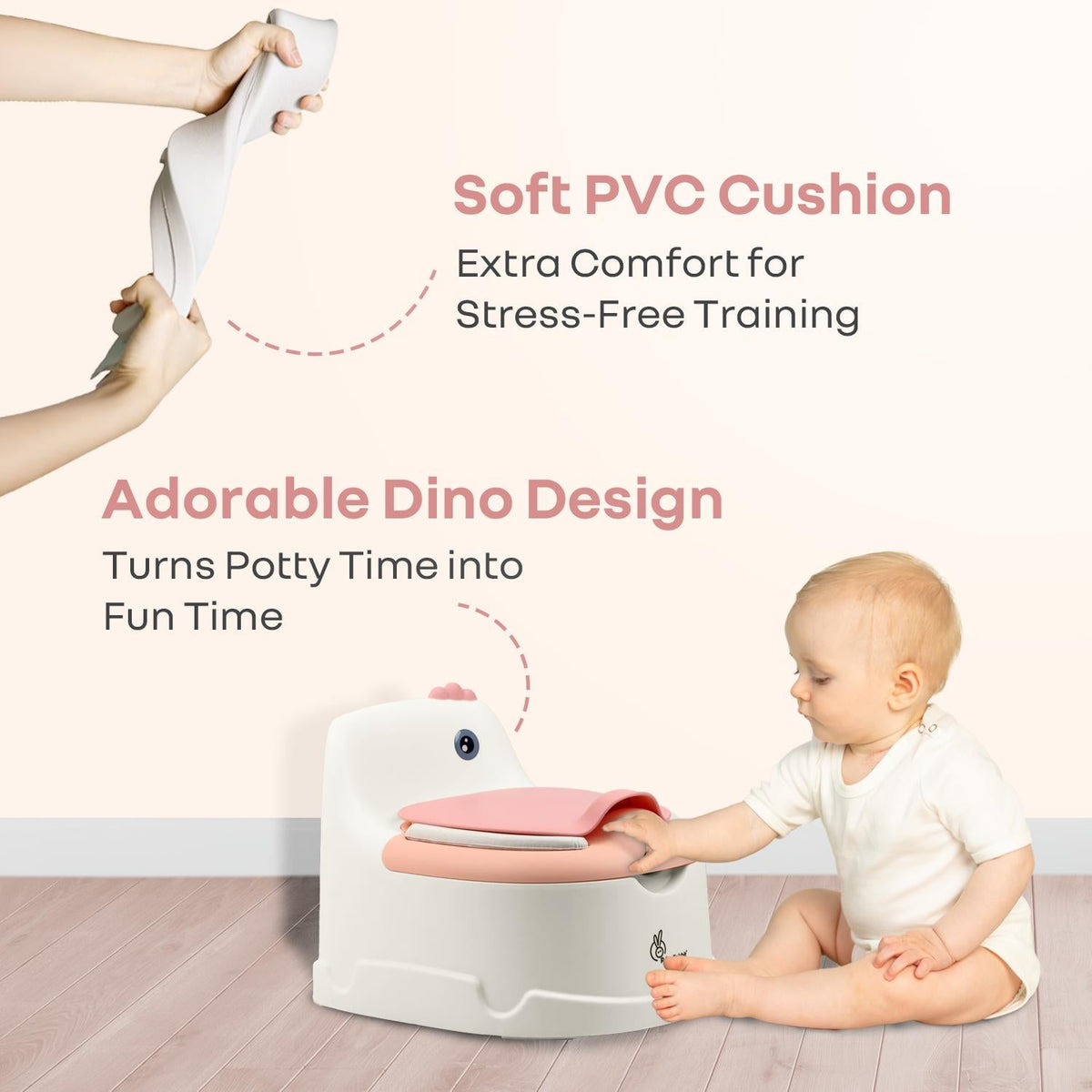 Tiny Tots Dino BPA-Free Potty Training Toilet Seat For Baby With Cushion - White Pink