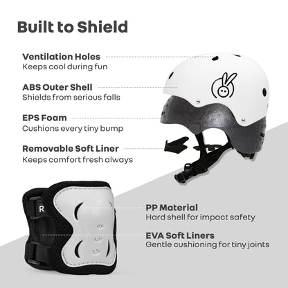 Safe Play Set Kids Helmet, Premium Kids Sports Safety Kit with Helmet & Protective Pads - White