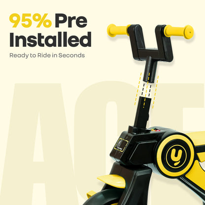 Tiny Toes Y Ace Kids Tricycle for 2–5 Years – BIS Certified Baby Tricycle with Sturdy Frame, Anti-Slip Handlebars, Wide Comfortable Seat & Smooth Wheels for Safe & Fun Riding (Upto 25 kg) - Yellow Black