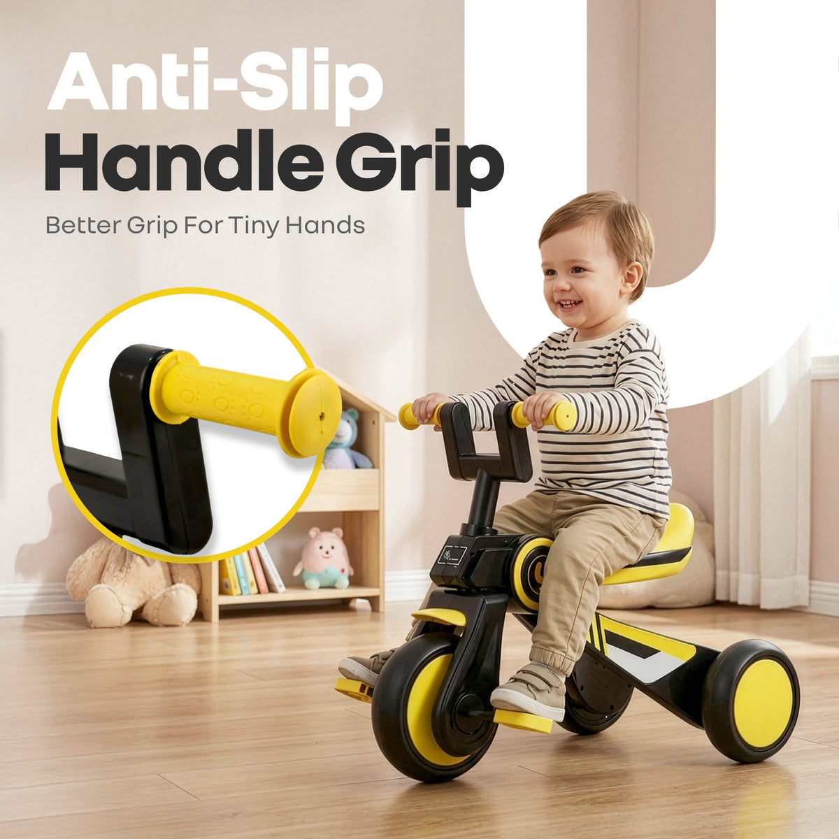 Tiny Toes Y Ace Kids Tricycle for 2–5 Years – BIS Certified Baby Tricycle with Sturdy Frame, Anti-Slip Handlebars, Wide Comfortable Seat & Smooth Wheels for Safe & Fun Riding (Upto 25 kg) - Yellow Black