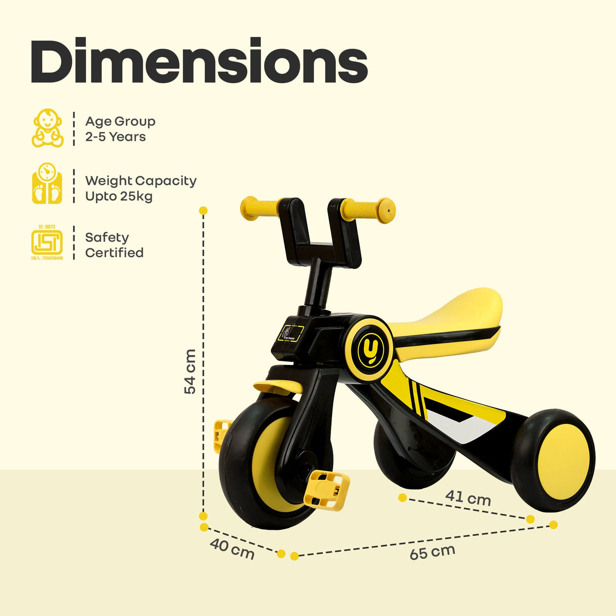 Tiny Toes Y Ace Kids Tricycle for 2–5 Years – BIS Certified Baby Tricycle with Sturdy Frame, Anti-Slip Handlebars, Wide Comfortable Seat & Smooth Wheels for Safe & Fun Riding (Upto 25 kg) - Yellow Black